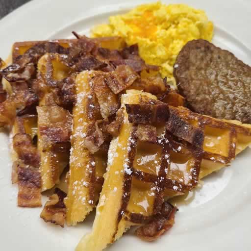 Bacon Maple Waffles with sausage and egg